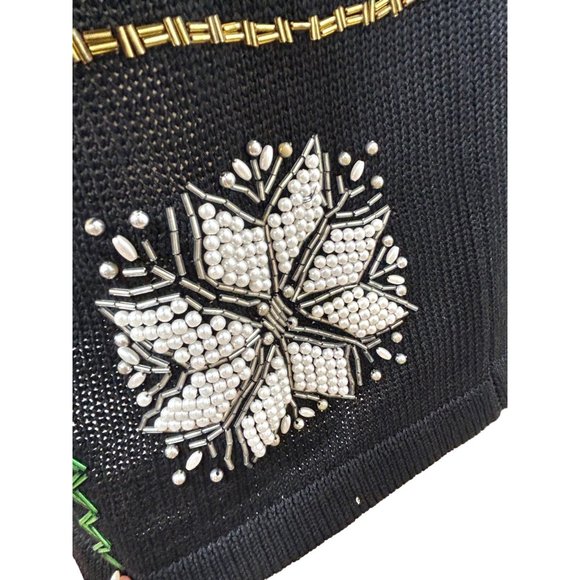 Christmas Tunic Sweater Victoria Jones Vintage 90’s M/L Black Beaded Pearls Mock - Picture 14 of 17